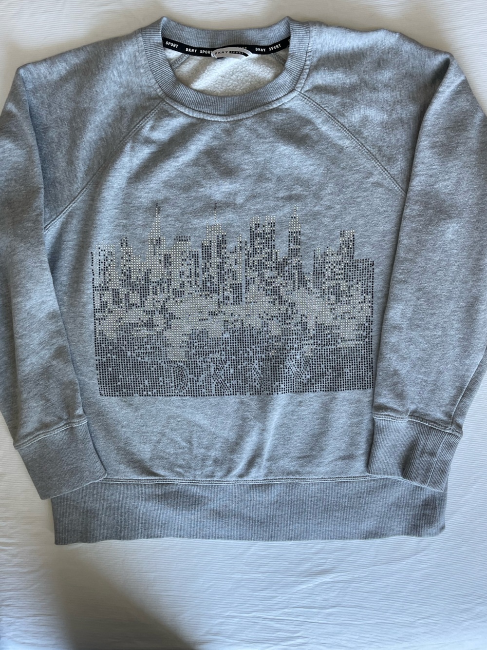 DKNY Gray Crewneck Sweater with Rhinestone City Motif - Picture 1 of 5